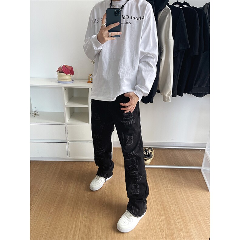 B221 美式ins高街小众假破洞修身微喇牛仔裤 LK22065-P65 控88图片