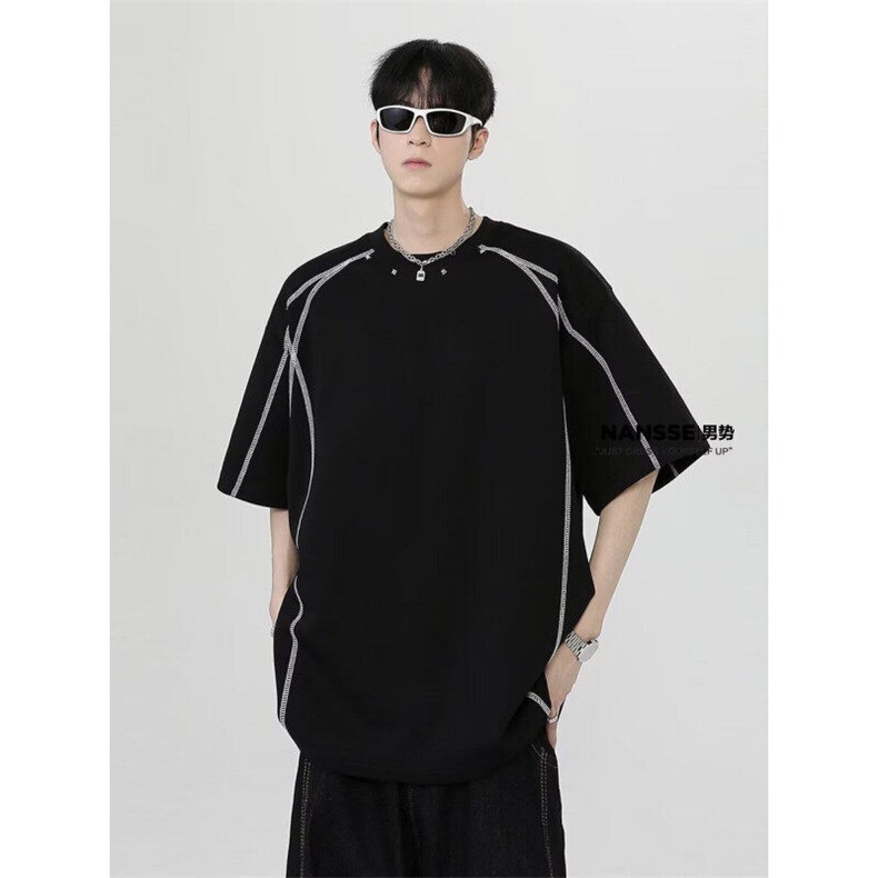 wassup happy美式短袖t恤男夏季2025新款潮流拼接设计感休闲上衣图片