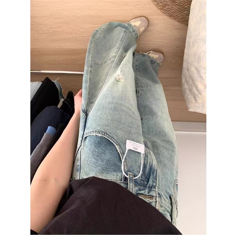 美式磨破阔腿牛仔裤女2025秋季新款高腰宽松显瘦遮胯弯刀拖地裤子,男装牛仔裤,星座506A