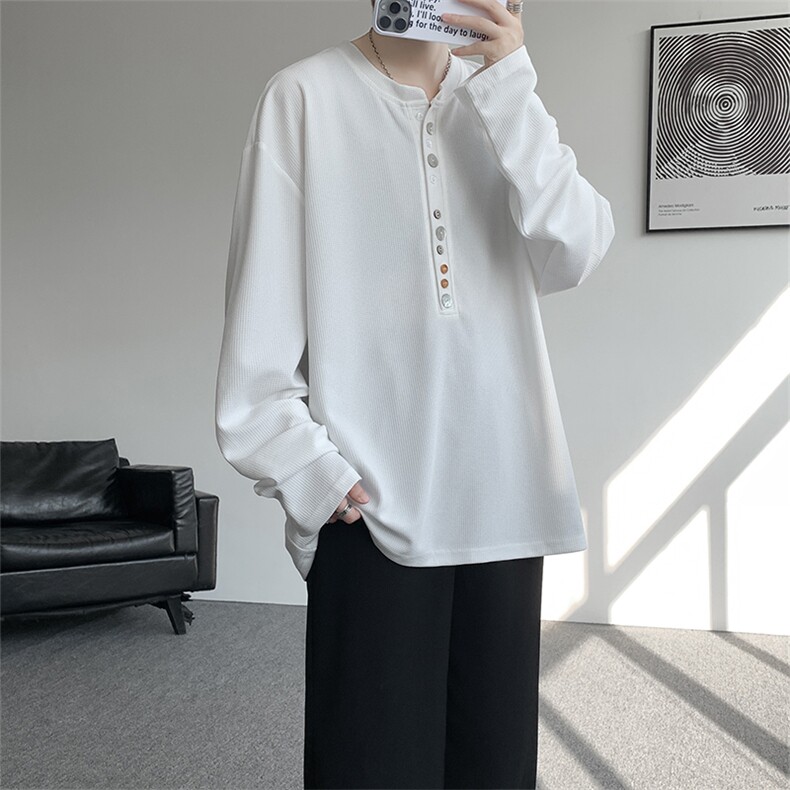 8XL-M慵懒肌理感华夫格廓形云母贝纽扣长袖T恤打底长袖CX3006P48,男装T恤,电商D206-1