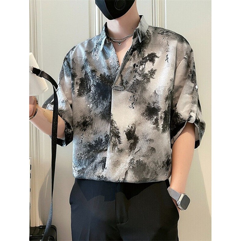 新中式风衬衫男短袖休闲痞帅水墨扎染衬衣男士夏装上衣CA683,男装衬衫,星座1116A-2（原606A-1）