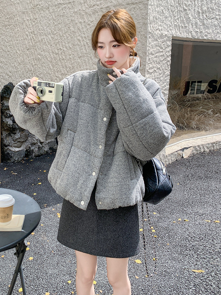 灰色宽松面包服短款慵懒风羊毛呢羽绒服白鸭绒外套6096P245K358,女装羽绒服,维壹