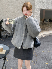 灰色宽松面包服短款慵懒风羊毛呢羽绒服白鸭绒外套6096P245K358，女装羽绒服，维壹