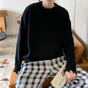 秋冬韩版潮流毛边做旧磨破情侣毛衣宽松个性打底针织衫QT802-P65图片