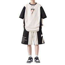 套装男夏季新款港风宽松拼接设计短袖T恤五分裤一套TZ6012特P45，男装T恤，星座301B-2（原A443-1）