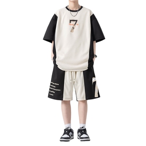 套装男夏季新款港风宽松拼接设计短袖T恤五分裤一套TZ6012特P45图片