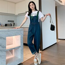 小个子桔梗背带裤女夏季洋气减龄直筒牛仔裤高腰可盐可甜阔腿裤子，女装牛仔裤，梦懿尔