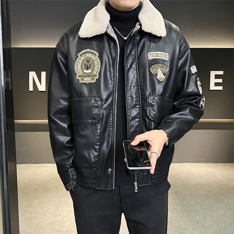皮毛一体加绒加厚冬季皮衣外套男飞行员皮夹克 A313-24117-P190图片