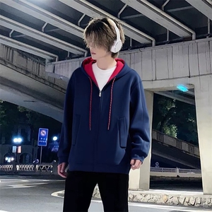 抖音得物二开美式高街重磅结构双层撞色连帽卫衣开衫外套W116图片
