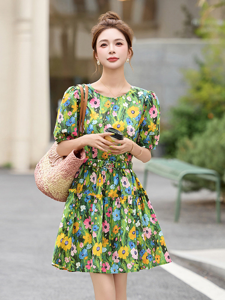 洋气黄色碎花纯棉连衣裙女2025夏新款小个子别致绝美甜美气质裙子,女装连衣裙,美沁
