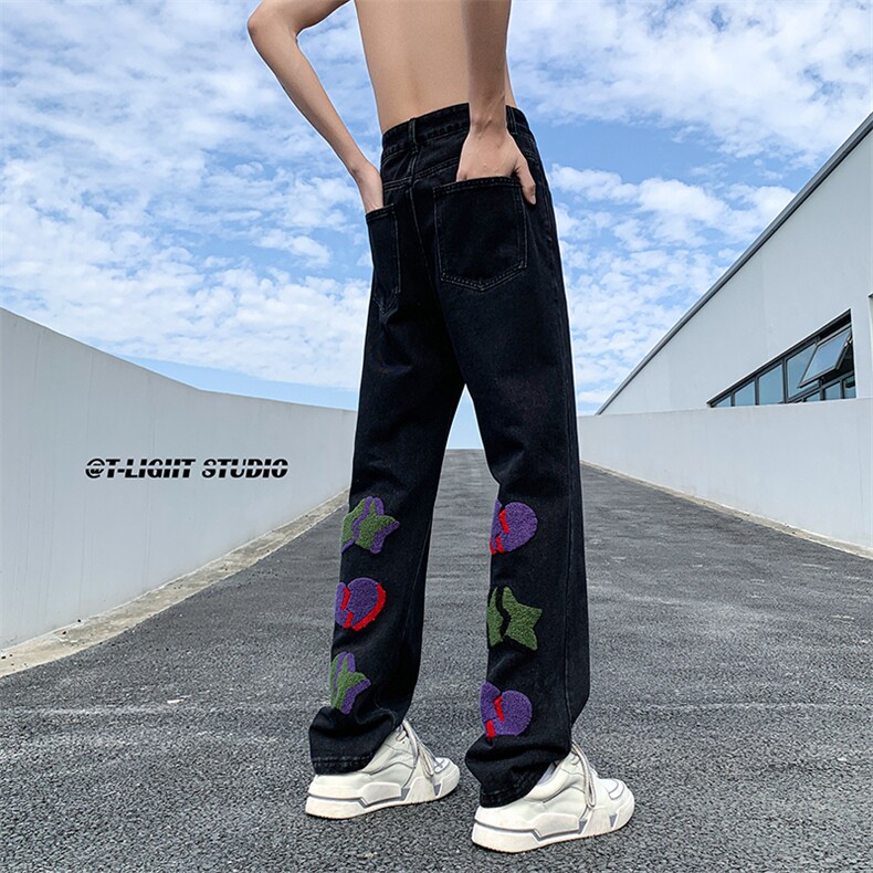 B221美式ins高街暗黑小众情侣毛巾绣直筒牛仔裤LK23021-P65控88,男装牛仔裤,电商B221