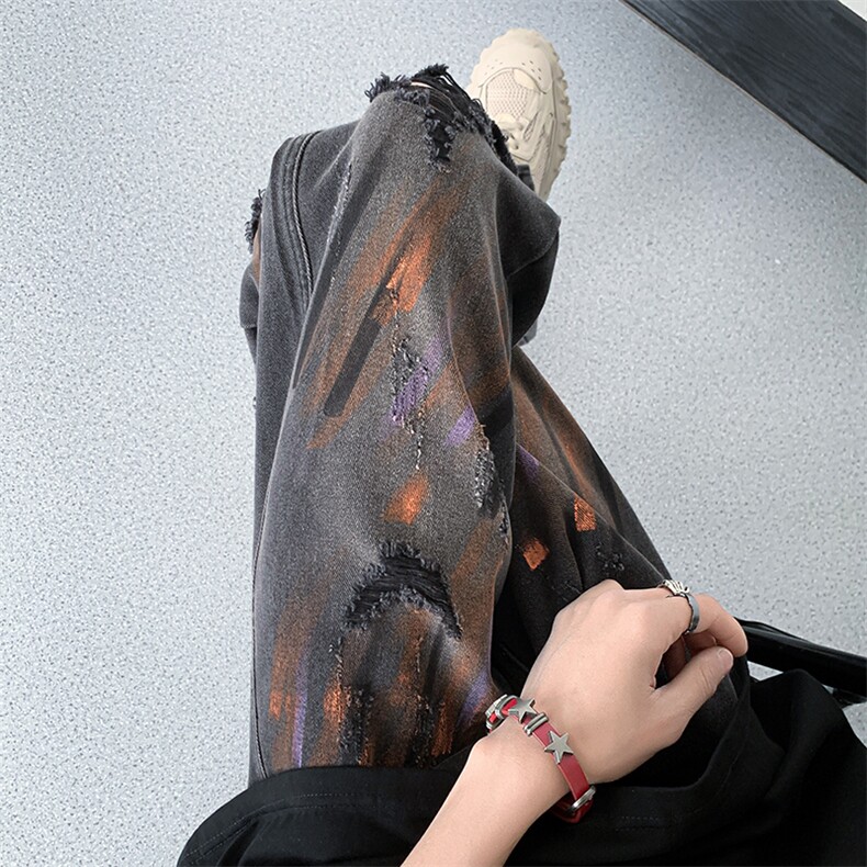 B221美式ins高街暗黑小众喷墨拉链破洞牛仔裤LK23085-P65控88,男装牛仔裤,电商B221