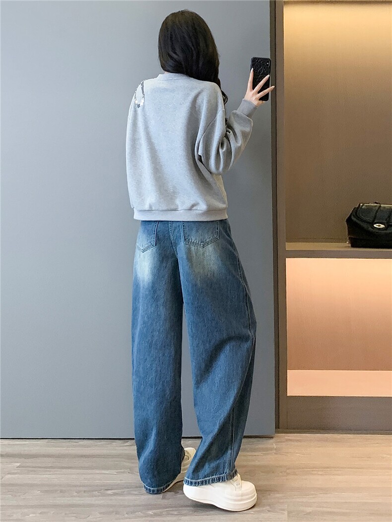 高级感时尚潮流套装女春新款修身显瘦圆领刺绣上衣牛仔长裤两件套,女装套装/套裙,江南