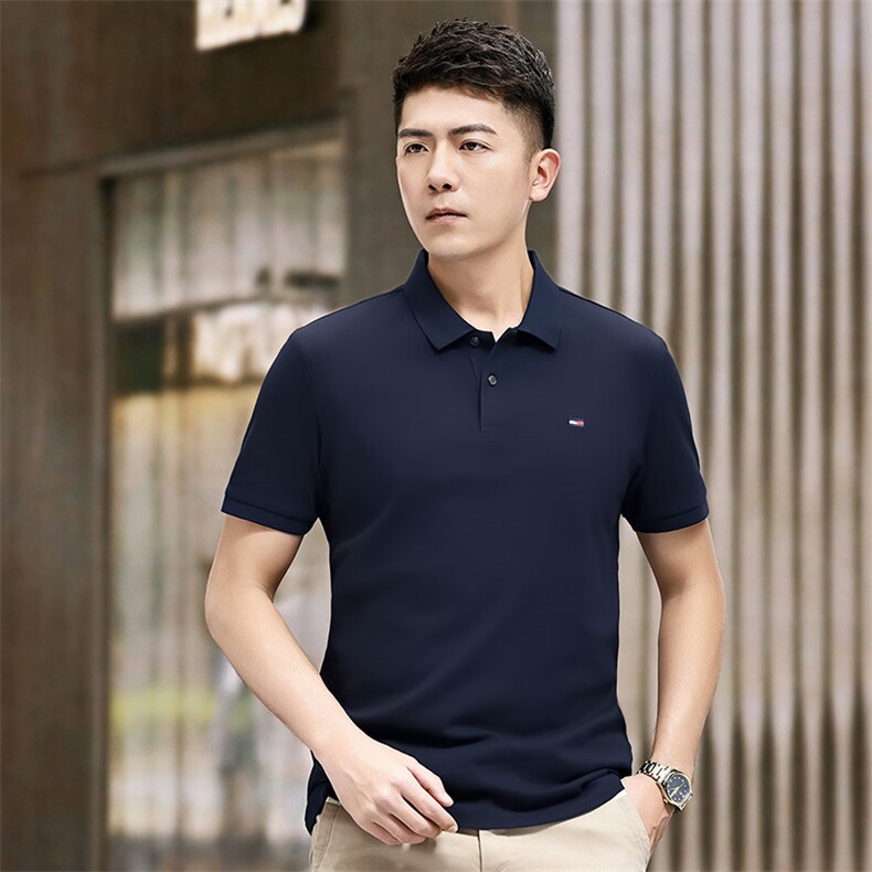 中青年商务休闲男士纯色夏季短袖翻领T恤图片