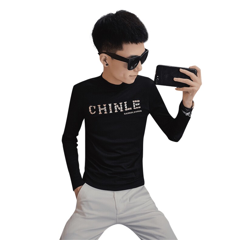 4秋季长袖修身T恤刺绣社会精神小伙男半高领打底衫C301B-CT14,男装T恤,电商C301B