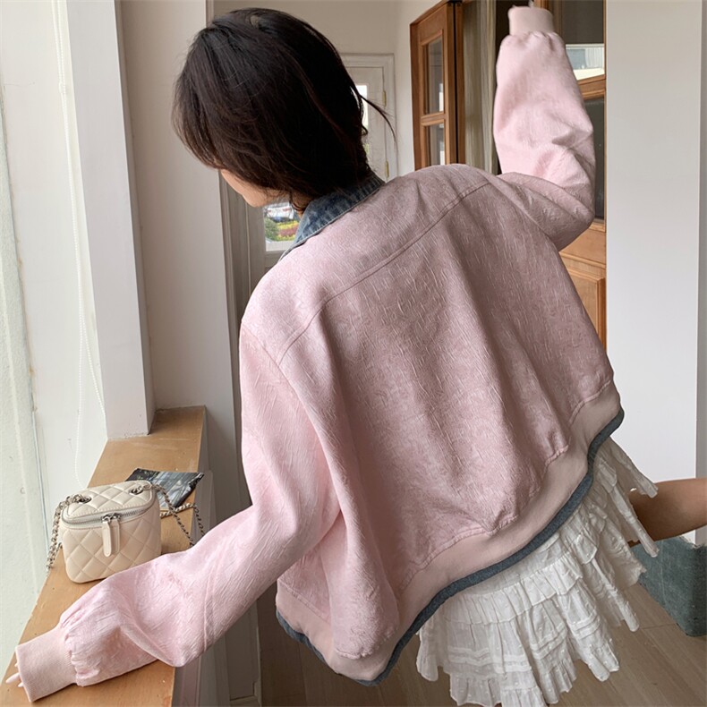 独特超火好看粉色假两件外套女春2025小众短款牛仔拼接棒球服夹克,女装短外套,多米2-075