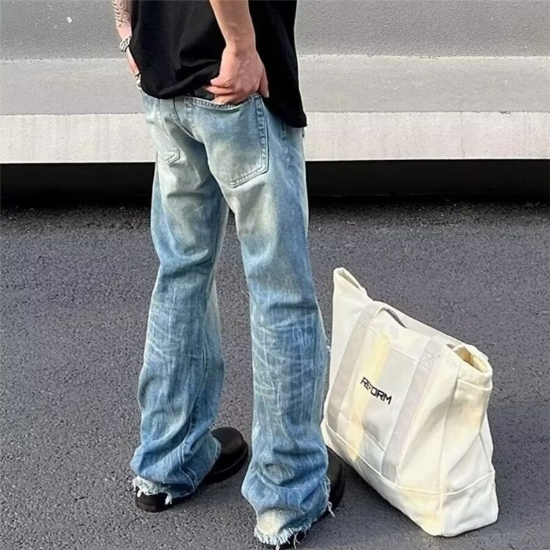 新款冰蓝落色闪电纹微喇复古水洗牛仔裤男宽松直筒长裤潮,男装牛仔裤,星座813-2