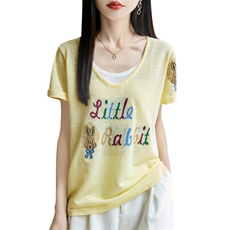 夏季新款14针竹节麻假两件兔子短袖女修身显瘦百搭时尚休闲上衣，女装T恤，贵皇网供仓