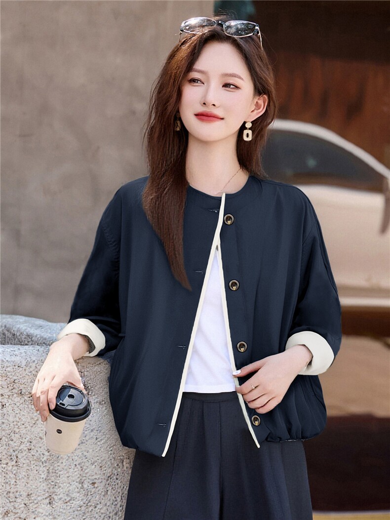 简约百搭超好看圆领短款外套女2025秋季新款宽松显瘦休闲夹克上衣,女装短外套,鑫鑫美