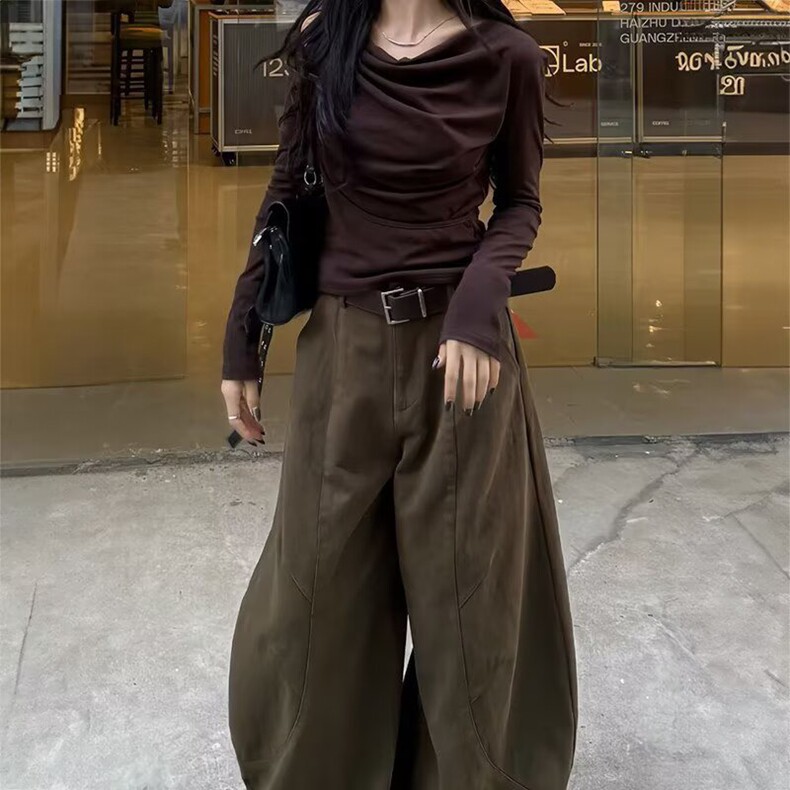 美拉德棕咖色工装弯刀牛仔裤女春季潮流水洗高腰宽松阔腿镰刀裤子,男装牛仔裤,星座218-8