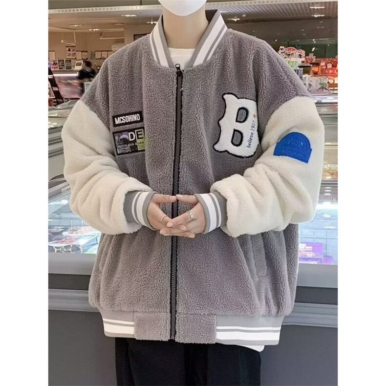羊羔绒棉衣秋冬男生衣服保暖宽松棒球服个性绣花撞色棉服新款男装,男装棉衣,星座1013-1
