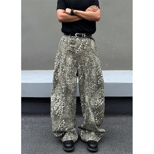WE1641-P55 高街vibe豹纹弯刀牛仔裤男vintage宽松阔腿休闲长裤图片