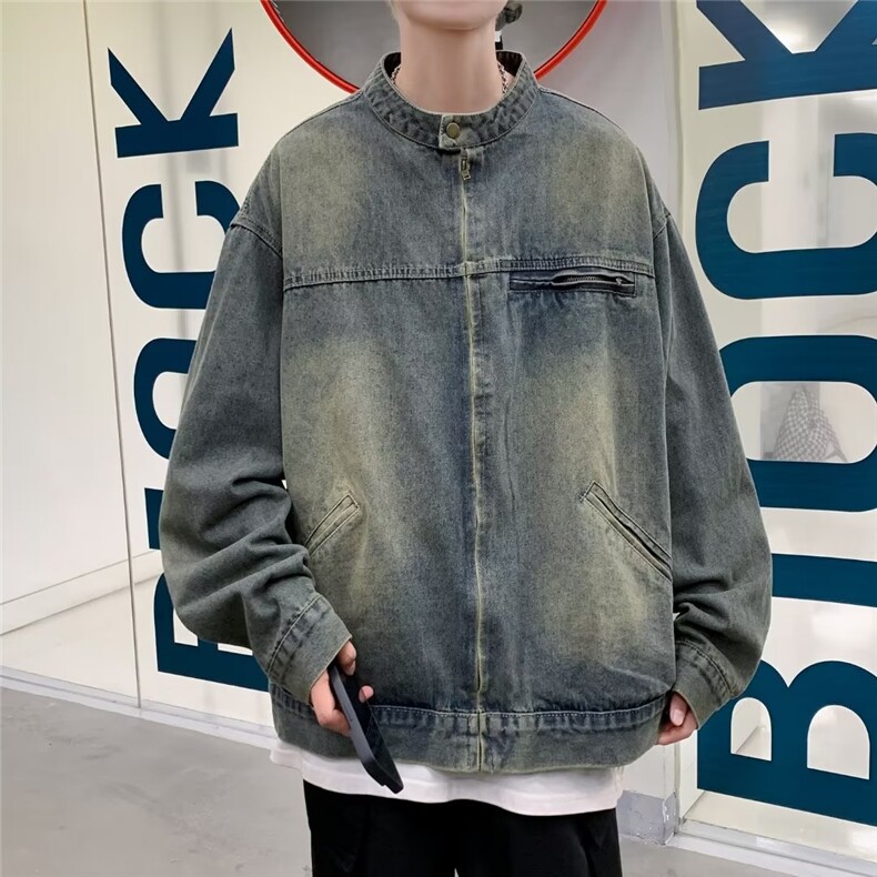 美式复古水洗做旧牛仔外套男春秋痞帅高级感宽松休闲拉链夹克上衣,男装工装外套,星座601-1