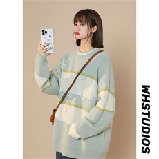M8161/P65冬季美式时尚撞色条纹圆领?袖毛衣宽松休闲男女bf，女装针织衫/毛衣，电商A141