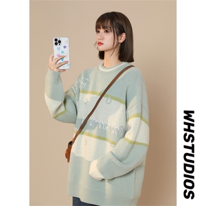 M8161/P65冬季美式时尚撞色条纹圆领?袖毛衣宽松休闲男女bf图片