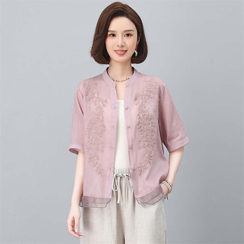 苎麻刺绣女夏2025新款宽松中年妈妈减龄天丝亚麻阔腿裤,女装衬衫,忆绮罗