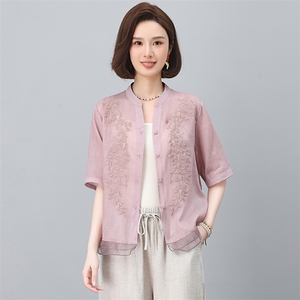 苎麻刺绣女夏2025新款宽松中年妈妈减龄天丝亚麻阔腿裤图片