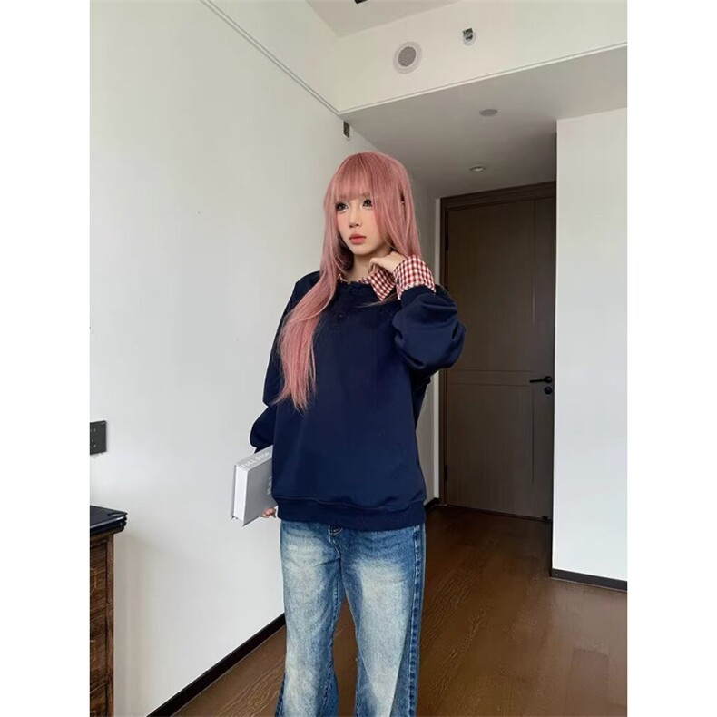 美式假两件格子拼接polo领卫衣春秋宽松设计感长袖上衣LAJ699-P45,男装卫衣,星座1008