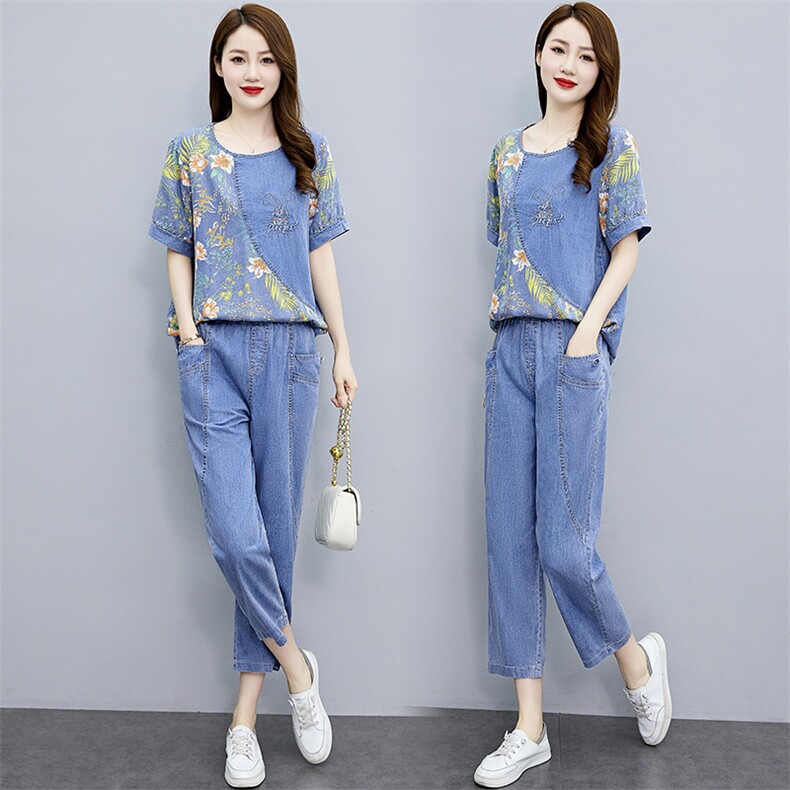 天丝牛仔套装女2024夏新款漂亮上衣宽松显瘦时尚九分裤薄款两件套,女装套装/套裙,魅影