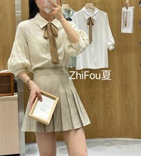 夏季新款“奶油泡芙”浅条纹撞色飘带灯笼袖小衬衣，其它，知否