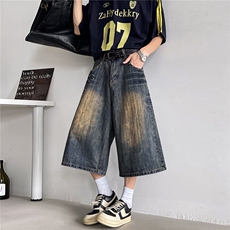 美式阔腿七分牛仔裤男女夏季新款柳钉宽松休闲直筒中裤RK2924-P46，男装牛仔裤，星座412-3