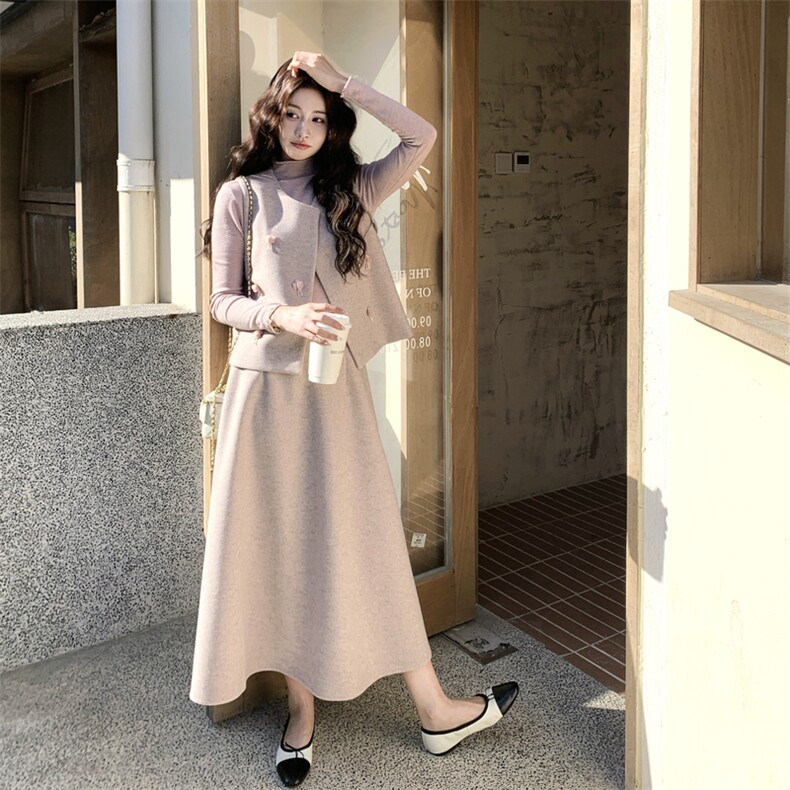 韩系甜美钉珠刺绣马甲+打底+半身裙三件套套装，女装套装/套裙，茵姿媚