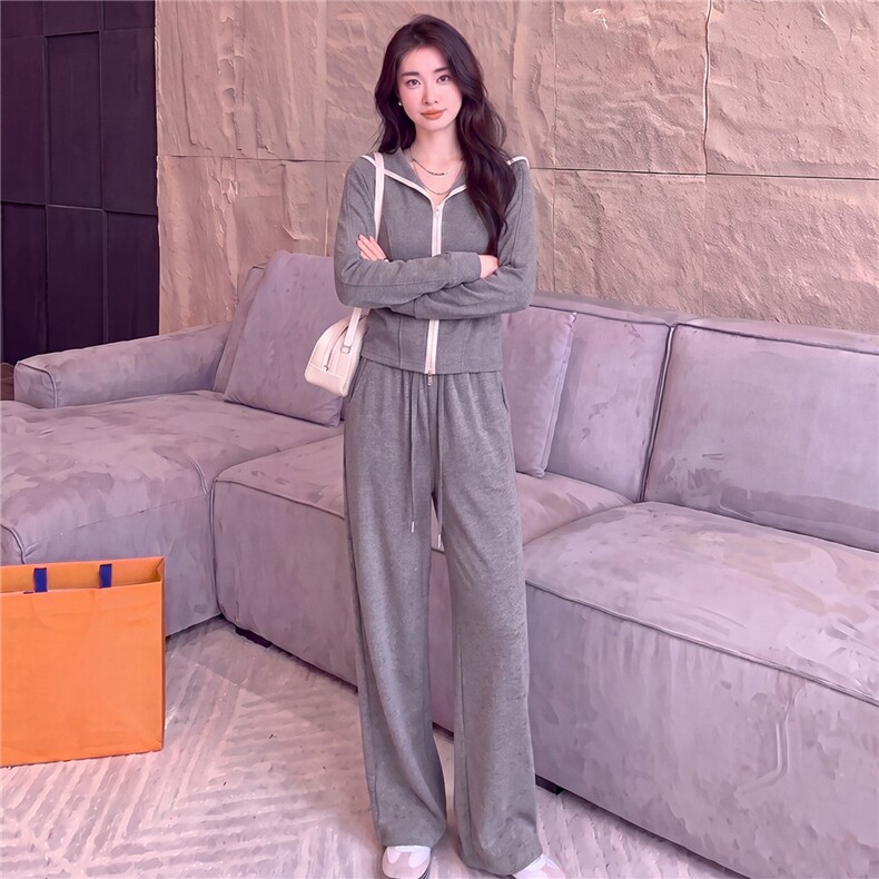 欧货休闲时尚套装女春秋灰色短款双头拉链长袖卫衣阔腿长裤两件套,女装套装/套裙,江南