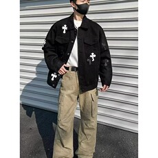 美式做旧十字架牛仔外套男女春秋款贴皮宽松夹克潮牌JKH666-P69，男装工装外套，星座208-5