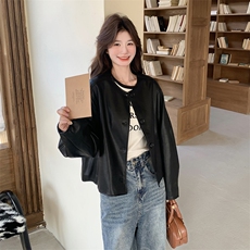 设计感黑色显瘦pu皮衣外套女2025春秋季新款港风复古酷飒夹克上衣，女装皮衣，2C198