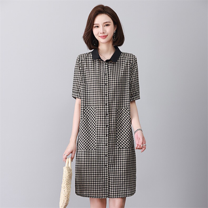 中长裙POLO领常规纽扣大码连衣裙围巾领拼接抽褶,女装连衣裙,玛其路