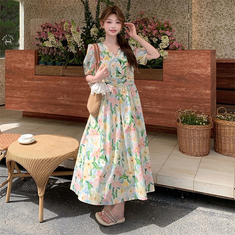新品法式彩色油画花朵泡泡袖甜美连衣裙2C125-P135K198,女装连衣裙,2C125