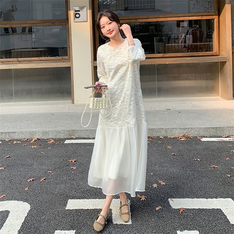 2025春季新款法式温柔风拼接连衣裙女装气质轻奢提花长袖中长裙子，女装连衣裙，浙宝208