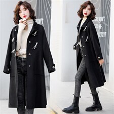 现货2021年冬季时尚修身显瘦小个子个性牛角扣手工缝制双面呢大衣，女装毛呢外套，菡迪欧娜