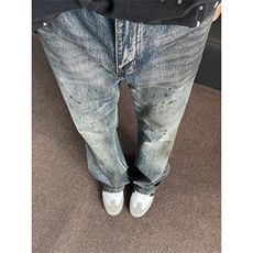 美式高街vibe复古泼墨牛仔裤男潮牌宽松直筒微喇叭长裤N00522-p52，男装牛仔裤，星座1008-1