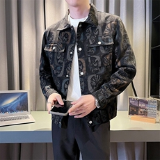 2025春季新款水洗男士牛仔夹克痞帅小伙个性提花印花图案外套，男装夹克，电商A225