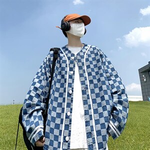 秋冬港风大码棒球服长袖夹克上衣外穿格子牛仔衣外套中性 F17/P65图片