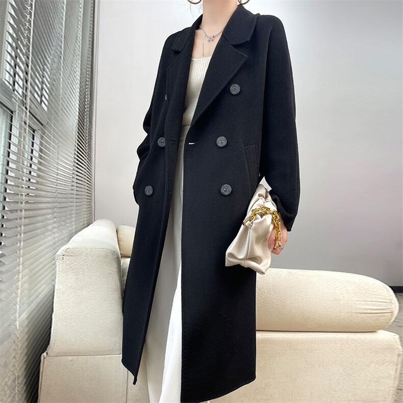 2024秋季新款纯色长袖中长款羊毛毛呢大衣通勤百搭，女装双面呢大衣，贝源羊绒