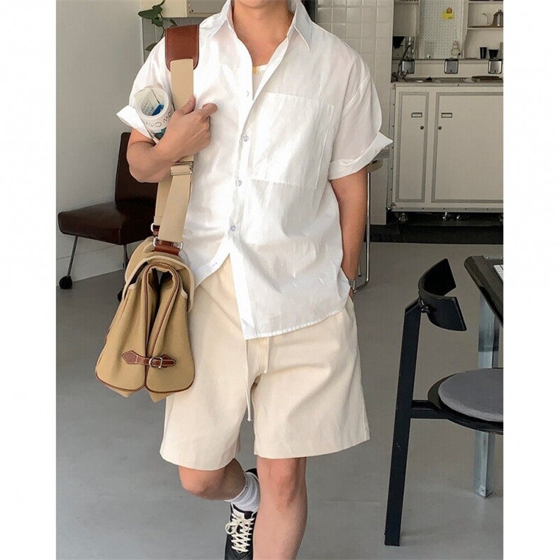 2025新款潮流纯色中袖衬衣夏季上衣韩版五分短袖衬衫男913P45图片