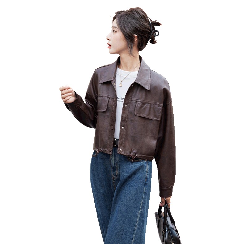 短款皮衣外套女2024秋季新款宽松休闲美式复古美拉德机车夹克上衣,女装皮衣,江南女神