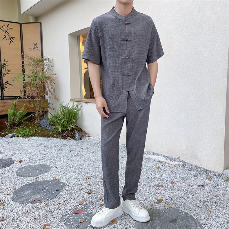 夏季新品泡泡条褶皱盘扣休闲运动套装风短袖T恤两件套TZ312,男装T恤,星座305A（原312A-1）